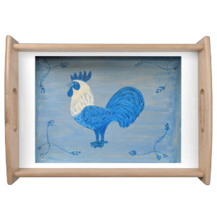 Handpainted Blue Rooster Original Art Serving Tray