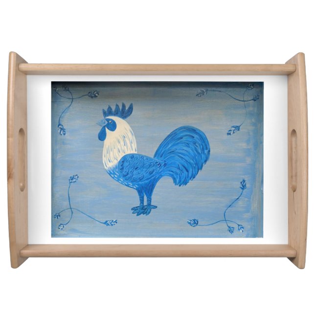 Handpainted Blue Rooster Original Art Serving Tray (Front)