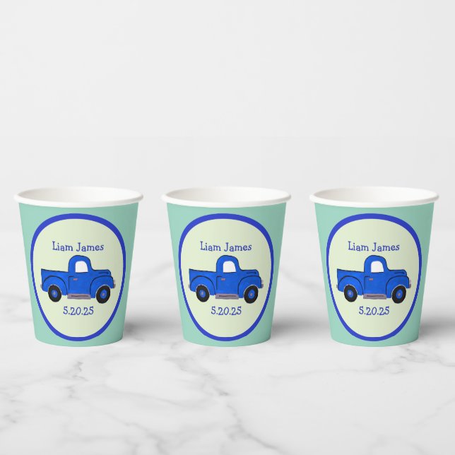 Handpainted Blue Truck Art Personalize Paper Cups (Multi)