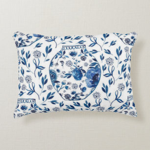 Handpainted Blue & White Chinoiserie Floral Style Accent Pillow