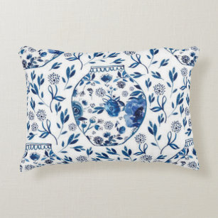 Handpainted Blue & White Chinoiserie Floral Style Accent Pillow
