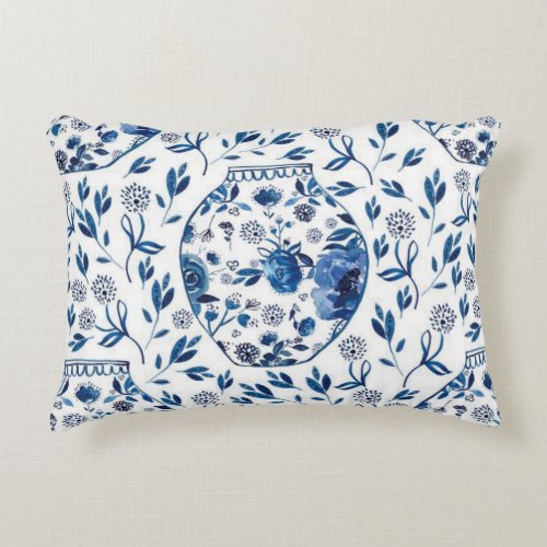 Handpainted Blue  White Chinoiserie Floral Style Accent Pillow