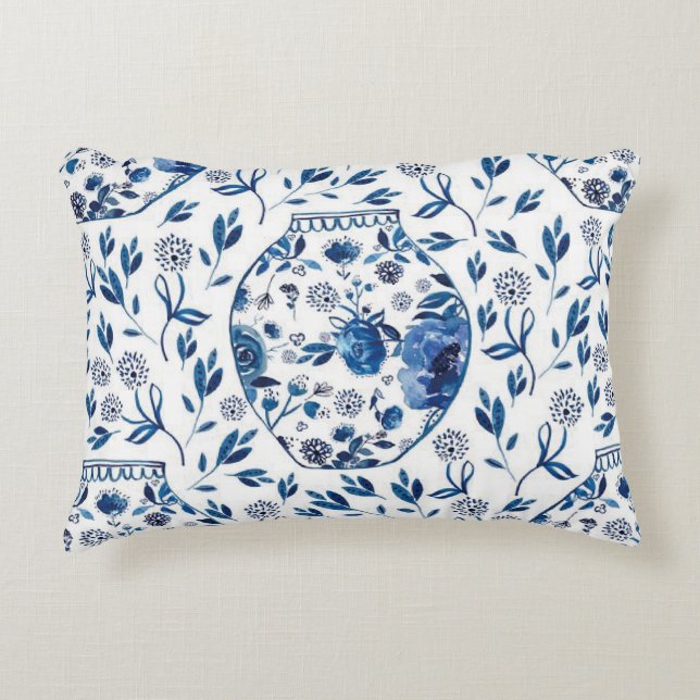 Handpainted Blue & White Chinoiserie Floral Style Accent Pillow (Front)