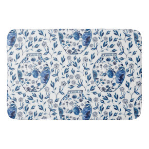 Handpainted Blue & White Chinoiserie Floral Style Bath Mat