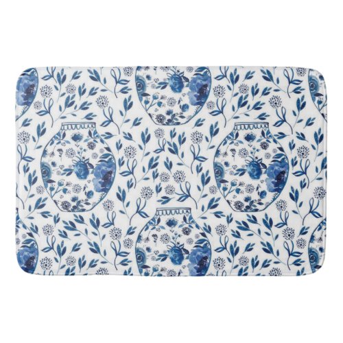 Handpainted Blue  White Chinoiserie Floral Style Bath Mat