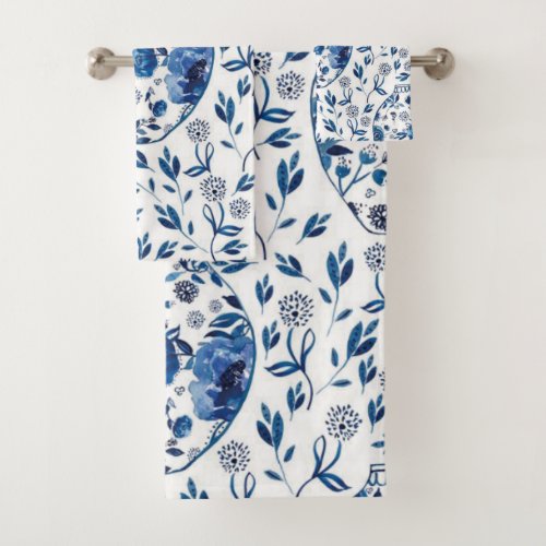 Handpainted Blue  White Chinoiserie Floral Style Bath Towel Set