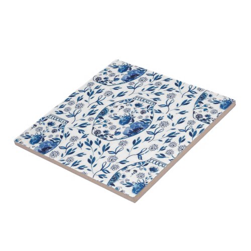 Handpainted Blue  White Chinoiserie Floral Style Ceramic Tile