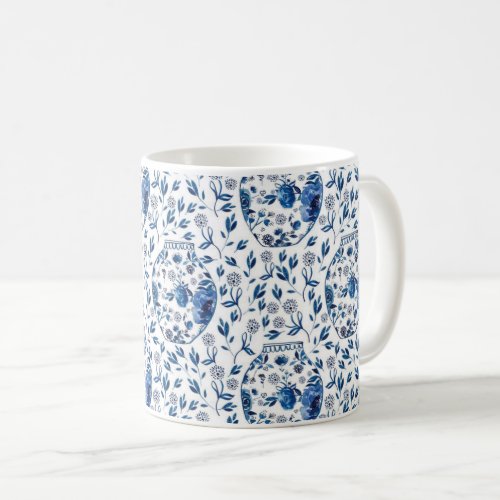 Handpainted Blue  White Chinoiserie Floral Style Coffee Mug