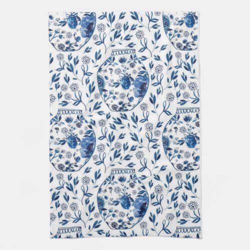 Handpainted Blue  White Chinoiserie Floral Style Kitchen Towel