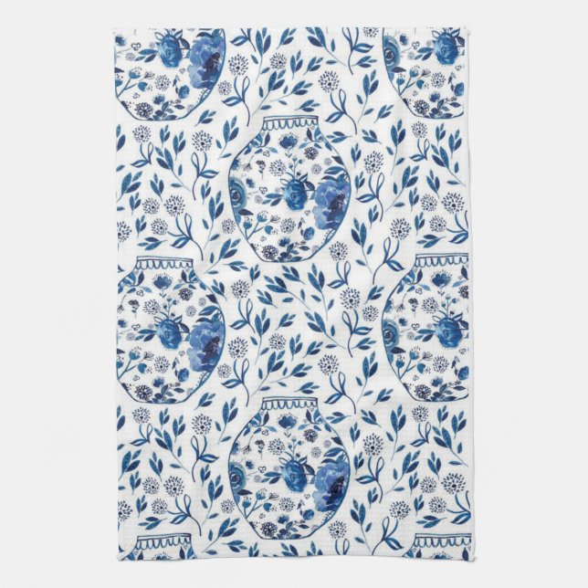 Handpainted Blue & White Chinoiserie Floral Style Kitchen Towel (Vertical)
