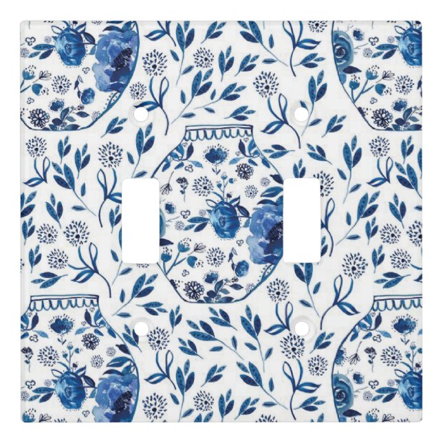 Handpainted Blue & White Chinoiserie Floral Style Light Switch Cover (Front)