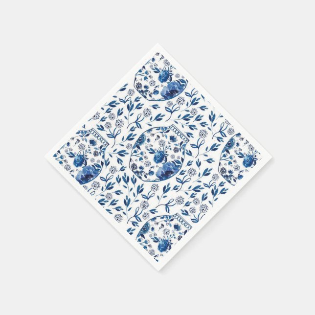 Handpainted Blue & White Chinoiserie Floral Style Napkins (Corner)