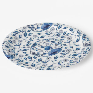 Handpainted Blue & White Chinoiserie Floral Style Paper Plates