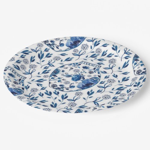Handpainted Blue  White Chinoiserie Floral Style Paper Plates