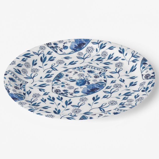 Handpainted Blue & White Chinoiserie Floral Style Paper Plates (Angled)