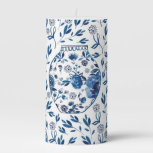 Handpainted Blue & White Chinoiserie Floral Style Pillar Candle