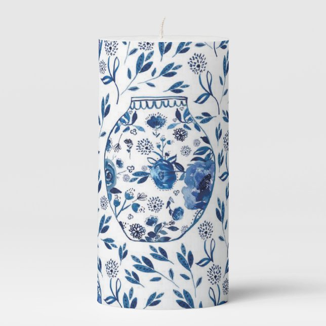 Handpainted Blue & White Chinoiserie Floral Style Pillar Candle (Front)