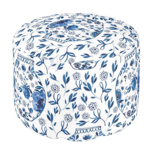 Handpainted Blue  White Chinoiserie Floral Style Pouf