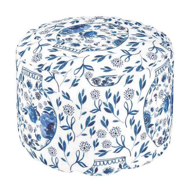Handpainted Blue & White Chinoiserie Floral Style Pouf (Angled Front)