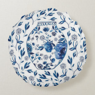 Handpainted Blue & White Chinoiserie Floral Style Round Pillow
