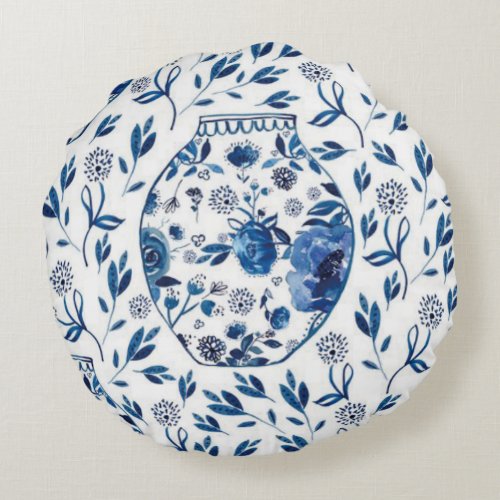 Handpainted Blue  White Chinoiserie Floral Style Round Pillow