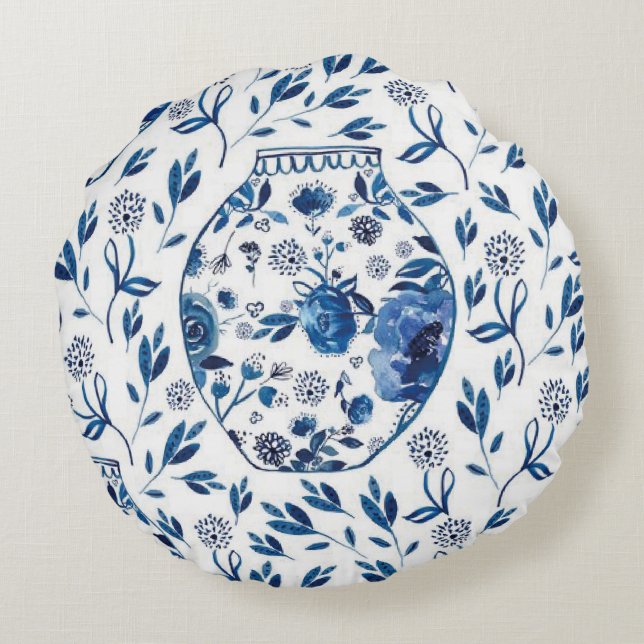 Handpainted Blue & White Chinoiserie Floral Style Round Pillow (Back)