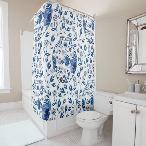 Handpainted Blue  White Chinoiserie Floral Style Shower Curtain