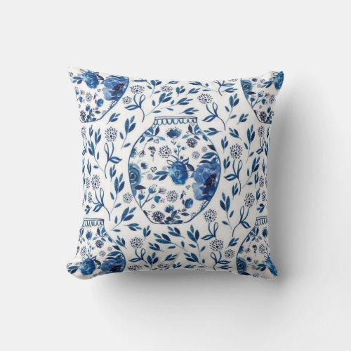 Handpainted Blue  White Chinoiserie Floral Style Throw Pillow