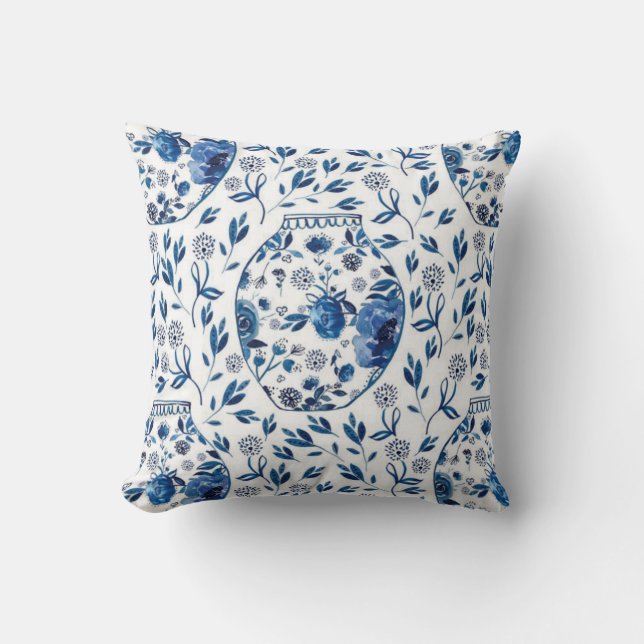 Handpainted Blue & White Chinoiserie Floral Style Throw Pillow (Front)