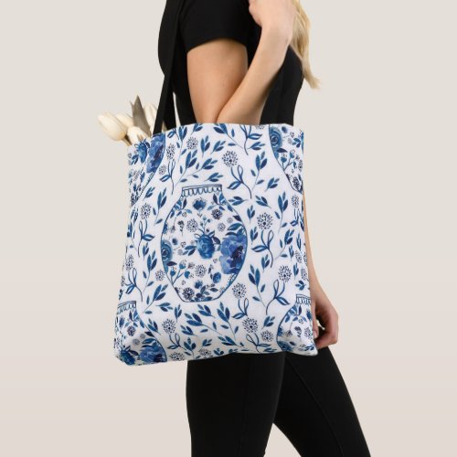 Handpainted Blue  White Chinoiserie Floral Style Tote Bag