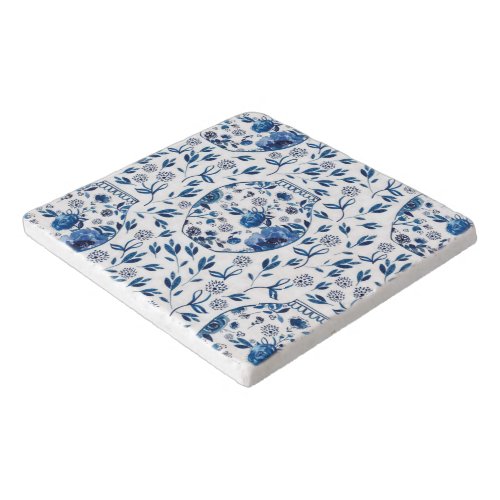 Handpainted Blue  White Chinoiserie Floral Style Trivet