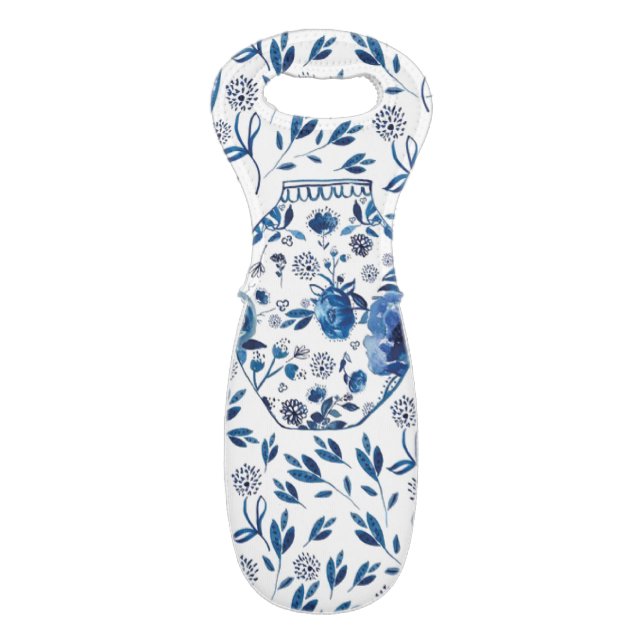 Handpainted Blue & White Chinoiserie Floral Style Wine Bag (Back Flat)