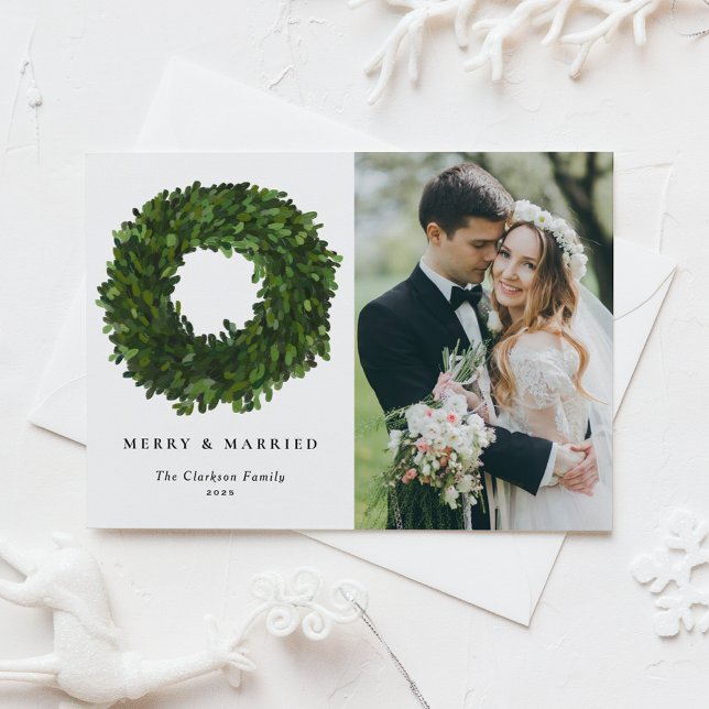Handpainted Boxwood Wreath Merry and Married Photo Holiday Postcard (Creator Uploaded)