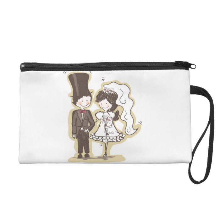 Handpainted Bride and Groom Cartoon Holding Hands Wristlet Purse