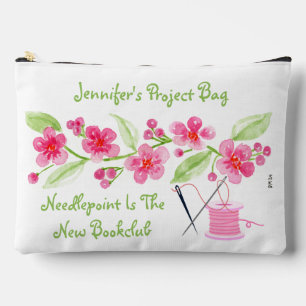 Handpainted Cherry Blossoms Needlepoint Zippered Accessory Pouch