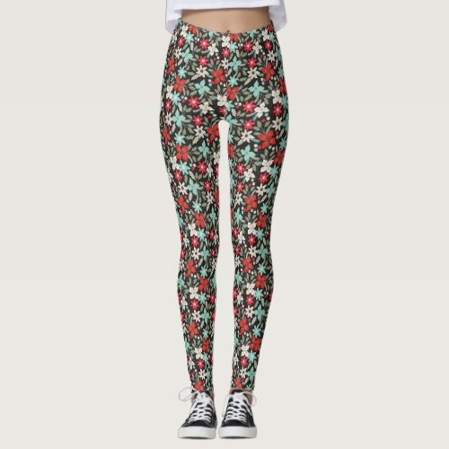 Handpainted Christmas Poinsettia Red White Aqua Leggings