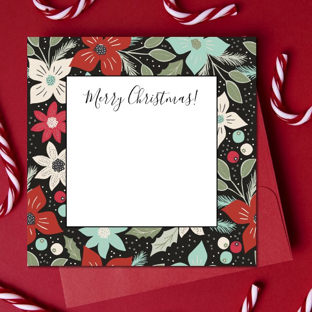 Handpainted Christmas Poinsettia Red White Aqua Note Card (Creator Uploaded)