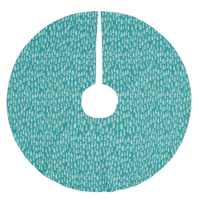 Handpainted Christmas Trees Aqua White Blue Teal Brushed Polyester Tree Skirt (Front)