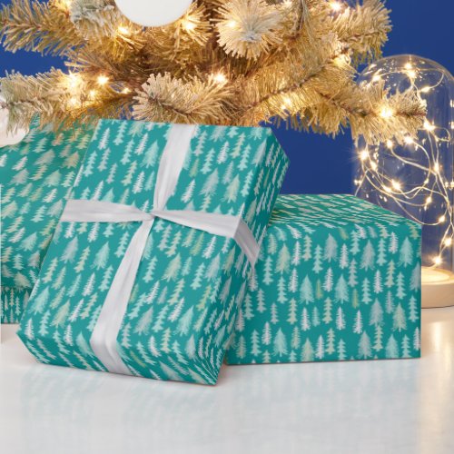 Handpainted Christmas Trees Aqua White Blue Teal Wrapping Paper