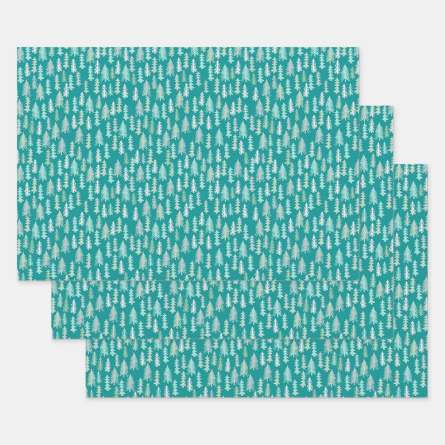 Handpainted Christmas Trees Aqua White Blue Teal Wrapping Paper Sheets (Set)