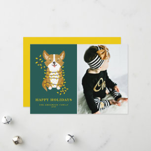 Handpainted Corgi in Christmas Lights Dog Photo Holiday Card