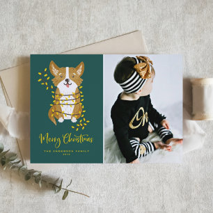 Handpainted Corgi in Christmas Lights Dog Photo Holiday Card