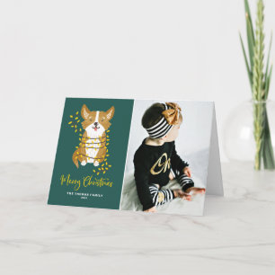 Handpainted Corgi in Christmas Lights Dog Photo Holiday Card