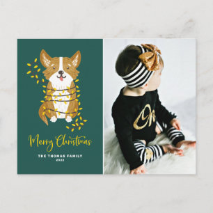 Handpainted Corgi in Lights Dog Photo Christmas Holiday Postcard