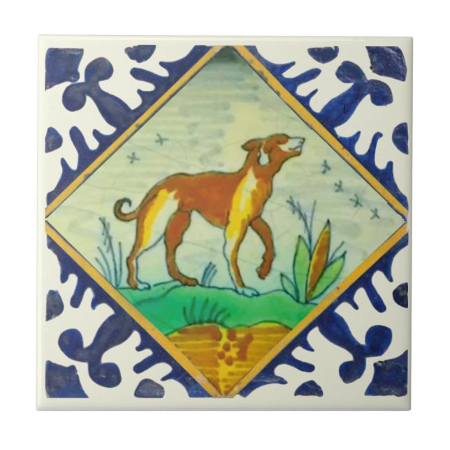Handpainted Dog 17th Century Delft Reproduction Ceramic Tile (Front)