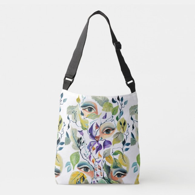 Handpainted Elegant Feminine Eyes Colorful Leaves  Crossbody Bag (Front)