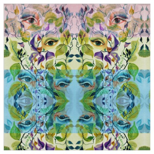 Handpainted Elegant Feminine Eyes Colorful Leaves  Fabric