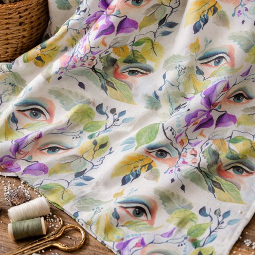 Handpainted Elegant Feminine Eyes Colorful Leaves Fabric