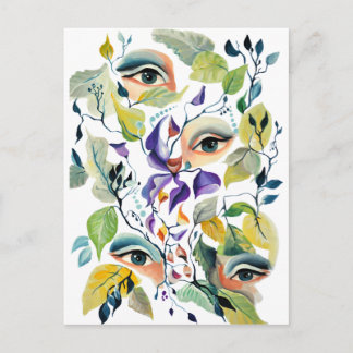 Handpainted Elegant Feminine Eyes Colorful Leaves Postcard
