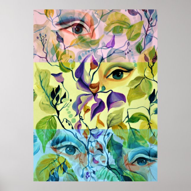 Handpainted Elegant Feminine Eyes Colorful Leaves  Poster (Front)